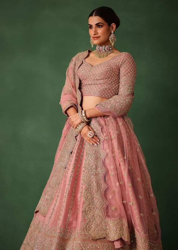 Light Pink Raw Silk Hand Embroidered Lehenga Set