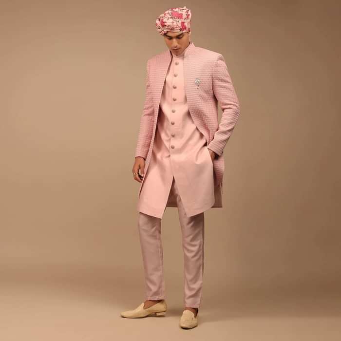 Light Pink Sherwani With Detailed Geometric Resham Work