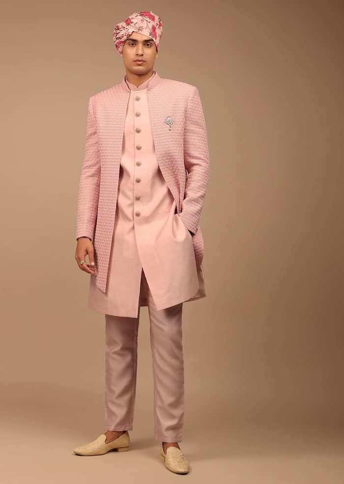 Light Pink Sherwani With Detailed Geometric Resham Work