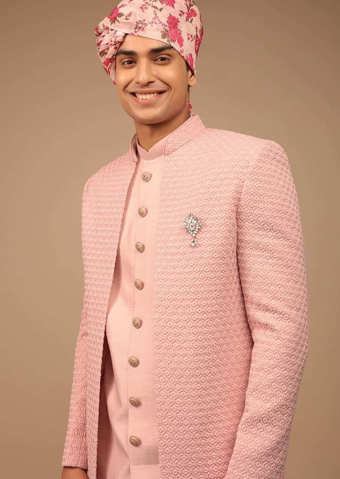 Light Pink Sherwani With Detailed Geometric Resham Work