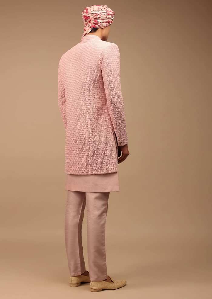 Light Pink Sherwani With Detailed Geometric Resham Work