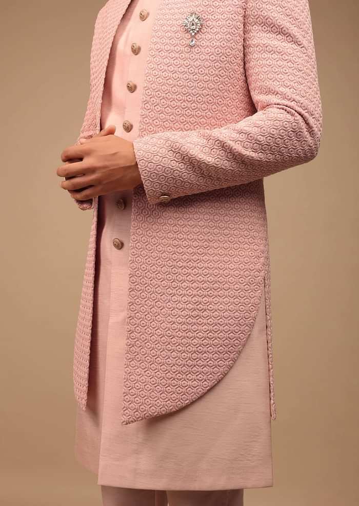 Light Pink Sherwani With Detailed Geometric Resham Work