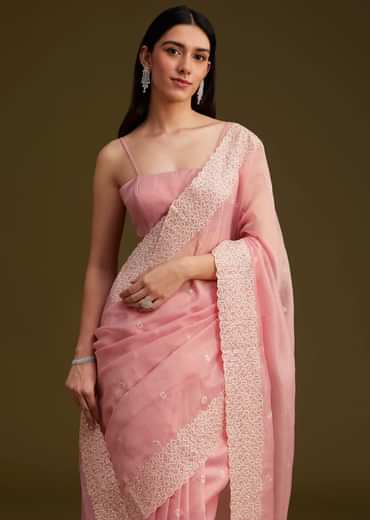 Light Pink Tissue Sequin And Resham Thread Work Saree