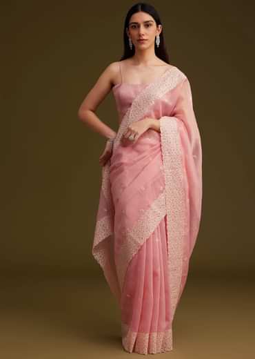 Light Pink Tissue Sequin And Resham Thread Work Saree