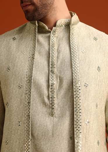 Light Pista Cotton Silk Jacket Kurta And Jacket Set With Mirror Work
