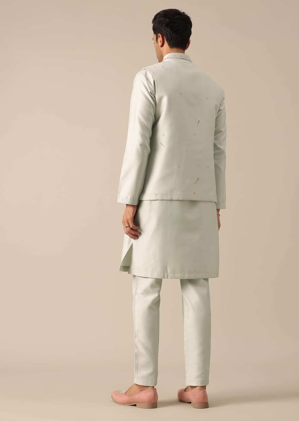 Light Pista Floral Threadwork Jacket And Kurta Set