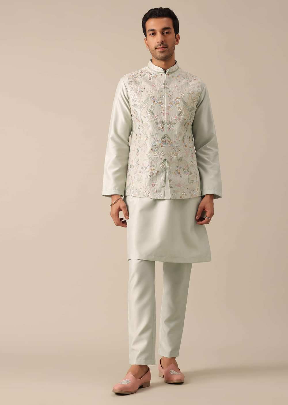 Light Pista Floral Threadwork Jacket And Kurta Set