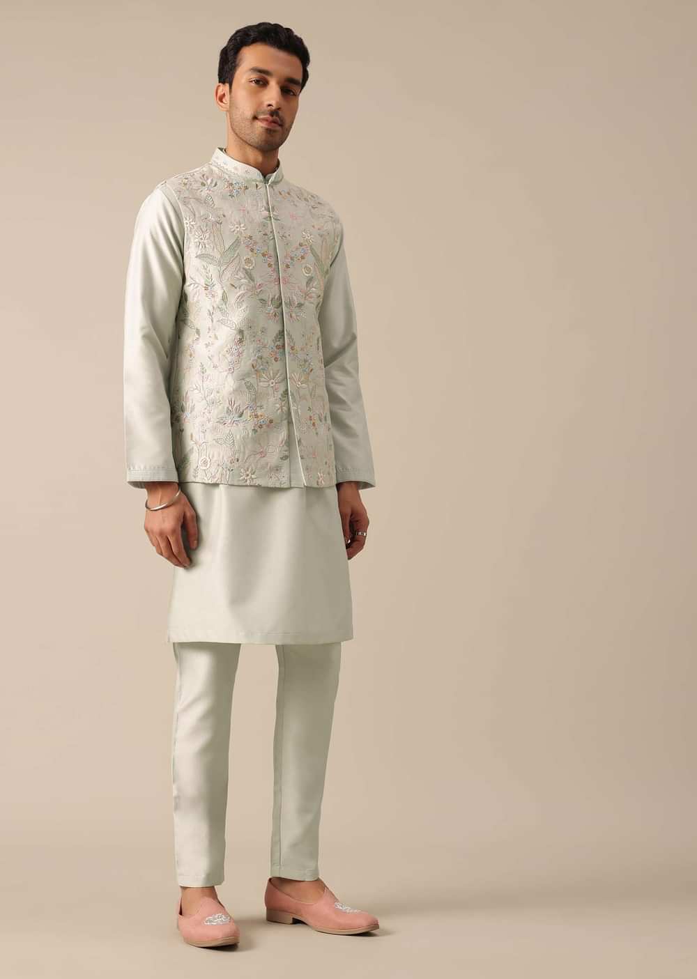 Light Pista Floral Threadwork Jacket And Kurta Set