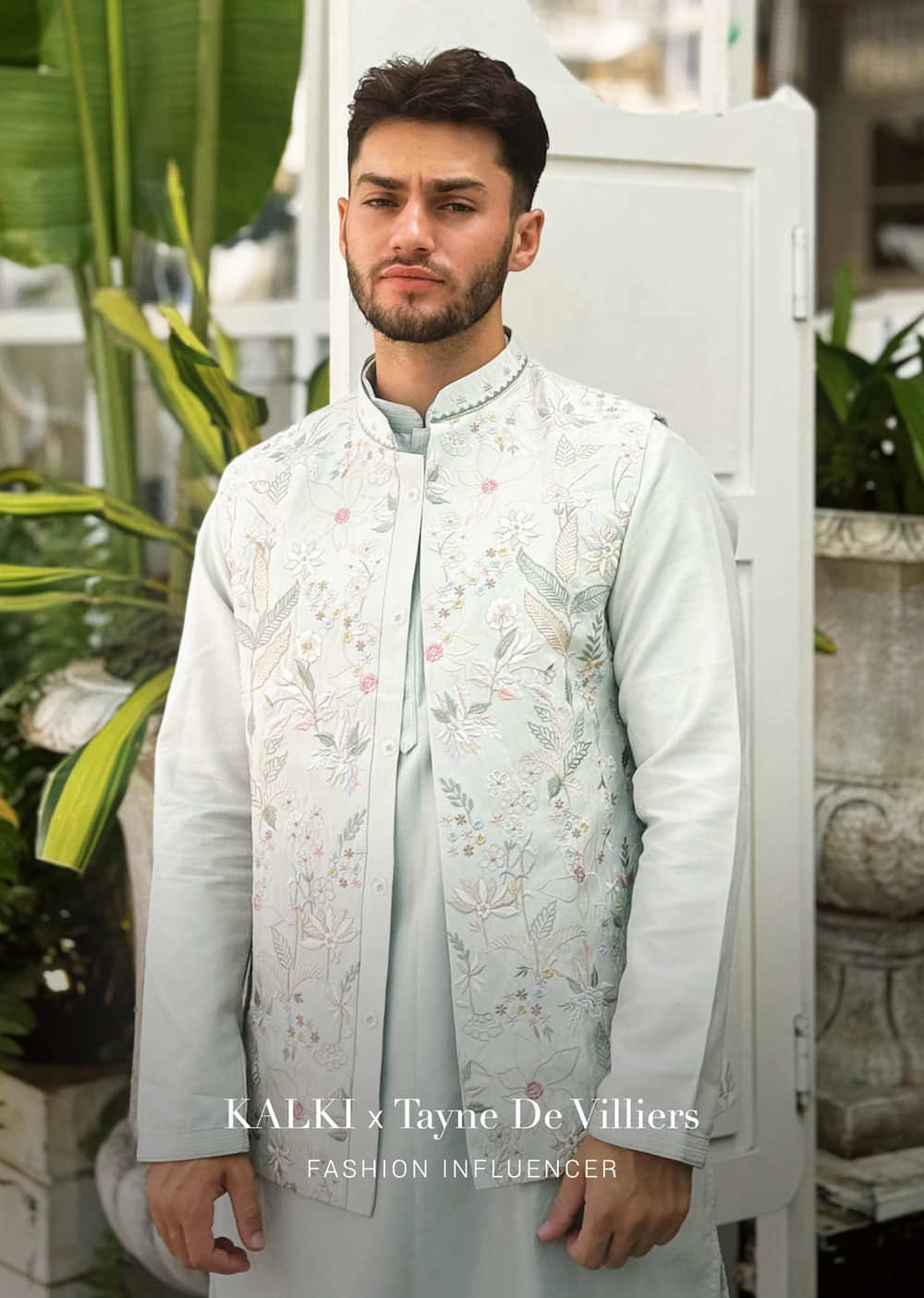 Light Pista Floral Threadwork Jacket And Kurta Set