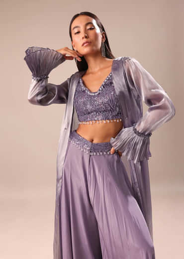 Light Purple Palazzo With Embroidered Blouse And Jacket