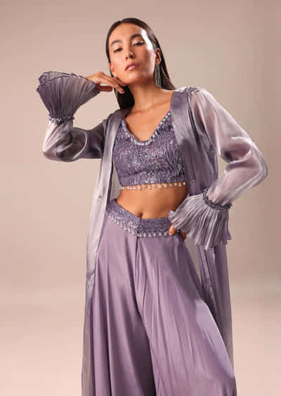 Purple Palazzo Pant With Crop Top And Jacket Model Rheyea In A Purple  Jacket Dress With Bralette And Palazzo Pants