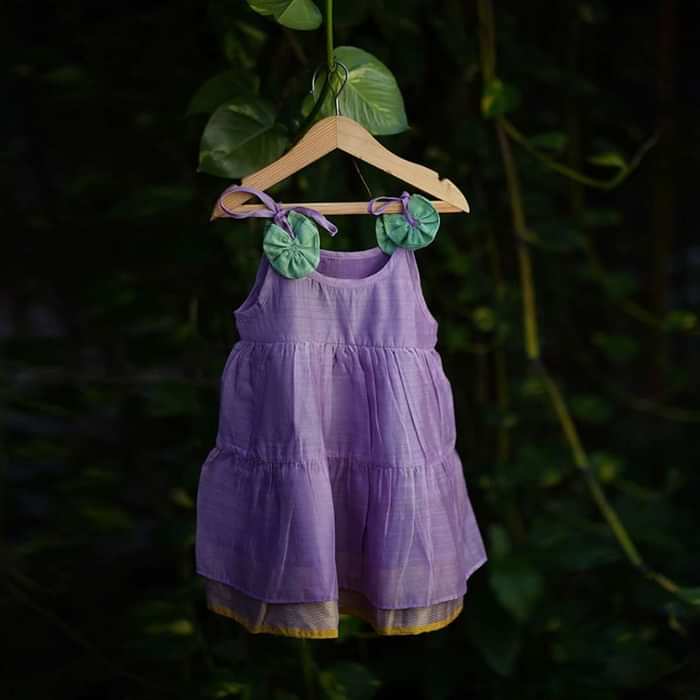 Kalki Girls Light Purple Tiered Dress In Cotton Silk With Adjustable Red Tie Ups On The Shoulder By Love The World Today