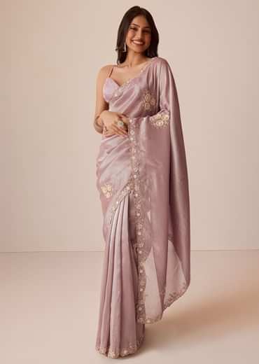 Light Purple Tissue Saree With Floral Embroidery