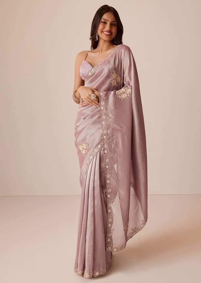 Light Purple Tissue Saree With Floral Embroidery