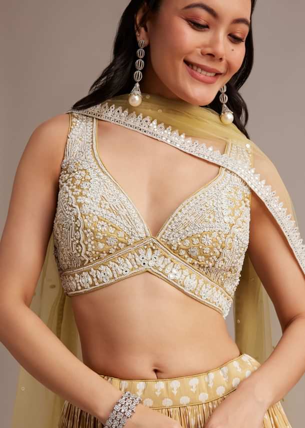 Light Yellow Printed Lehenga Set With Mirror And Moti Work