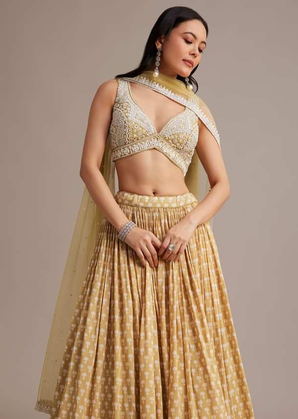 Light Yellow Printed Lehenga Set With Mirror And Moti Work