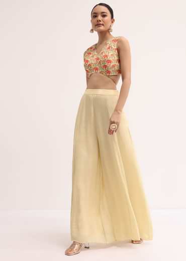 Light Yellow Printed Organza Palazzo Set With Jacket