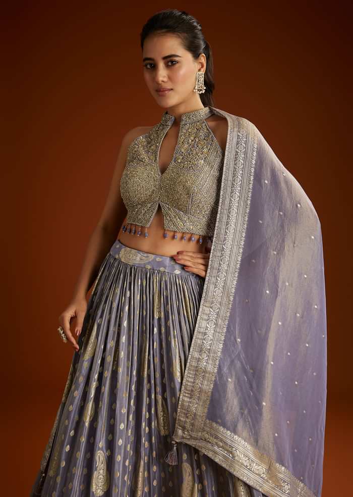 Lilac Banarasi Tissue Lehenga Dupatta With Embroidered Choli