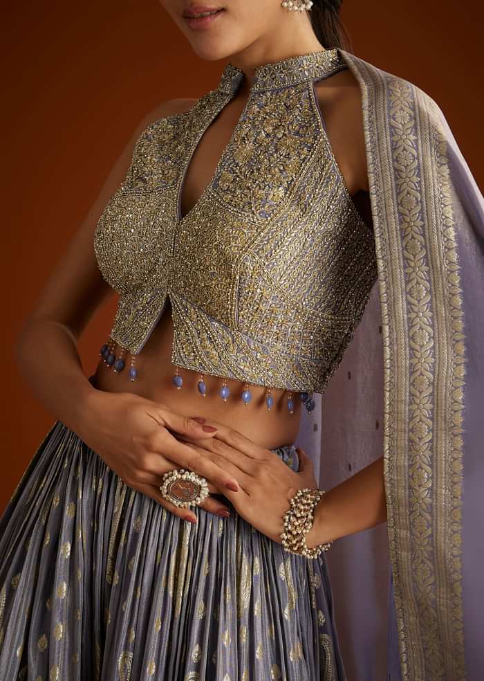 Lilac Banarasi Tissue Lehenga Dupatta With Embroidered Choli