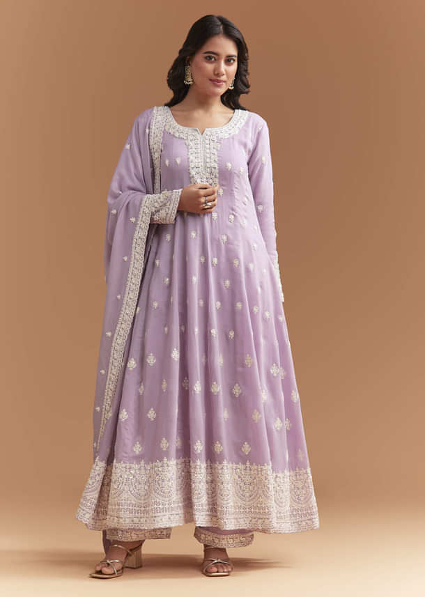 Lilac Cotton Anarkali Suit With Delicate Thread Work Lilac Cotton Anarkali Suit With Delicate Thread Work
