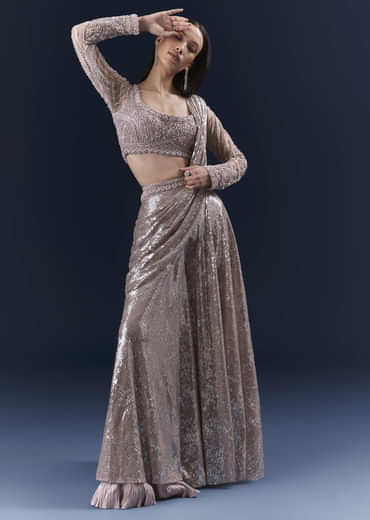 Lilac  Imported Sequins Crop Top And Palazzo Pants With Attached Dupatta