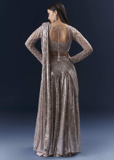 Lilac  Imported Sequins Crop Top And Palazzo Pants With Attached Dupatta