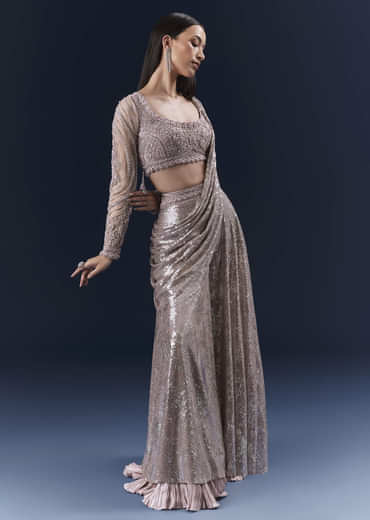 Lilac  Imported Sequins Crop Top And Palazzo Pants With Attached Dupatta