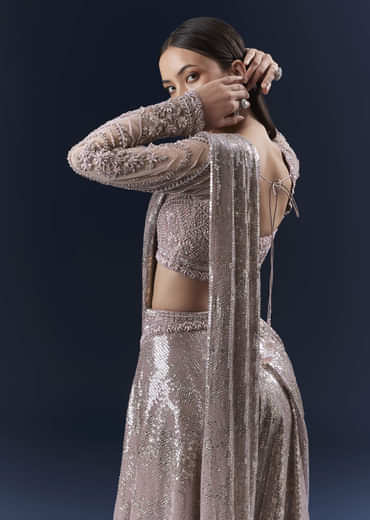 Lilac  Imported Sequins Crop Top And Palazzo Pants With Attached Dupatta