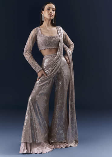 Lilac  Imported Sequins Crop Top And Palazzo Pants With Attached Dupatta