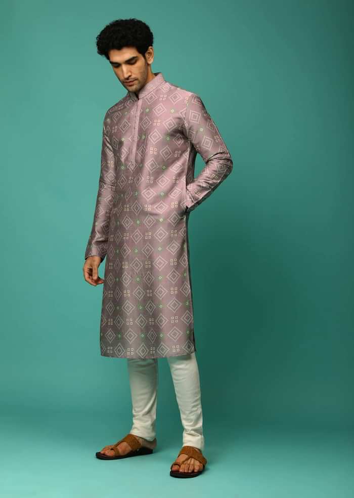 Lilac Mauve Kurta Set In Raw Silk With Bandhani Printed Geometric Buttis