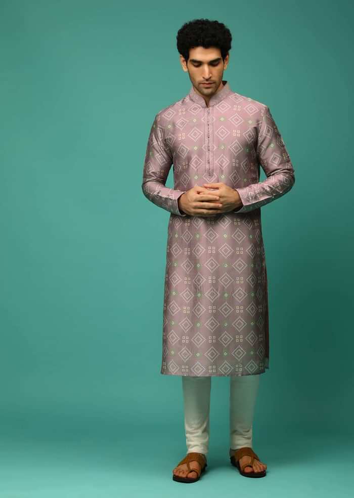 Lilac Mauve Kurta Set In Raw Silk With Bandhani Printed Geometric Buttis
