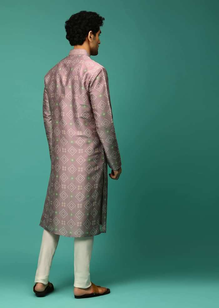 Lilac Mauve Kurta Set In Raw Silk With Bandhani Printed Geometric Buttis