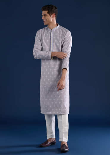 Lilac Mens Jacquard Self Work Kurta and Pant Set