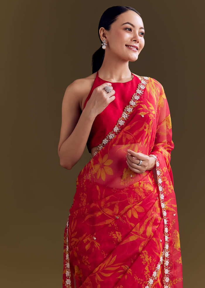 Red Organza Saree With Cutdana Beads And Botanical Print