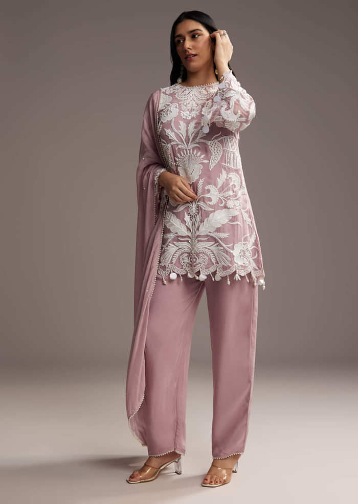 Lilac Purple Organza Kurta Set With Thread And Moti Work