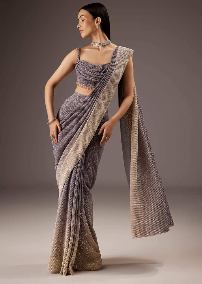 Lilac Purple Saree With Layered Blouse And Elegant Tassels