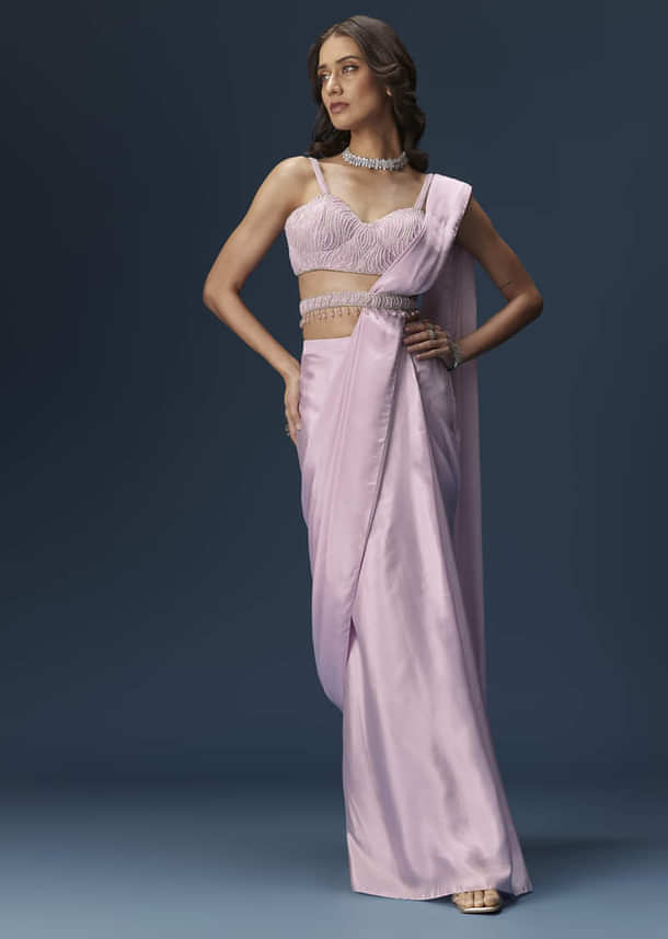 Lilac Ready Pleated Saree With Embellished Blouse And Belt