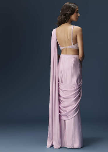 Lilac Ready Pleated Saree With Embellished Blouse And Belt