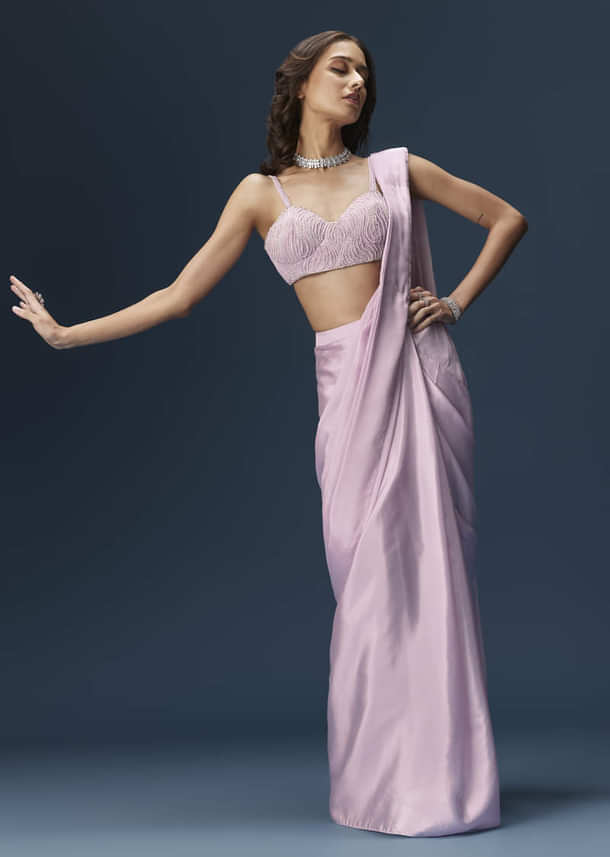 Lilac Ready Pleated Saree With Embellished Blouse And Belt