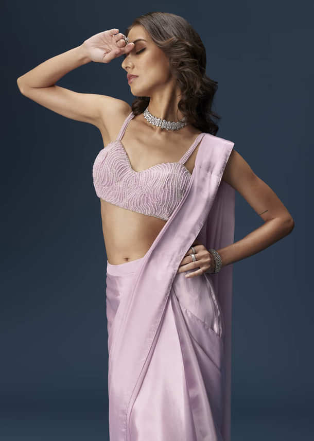 Lilac Ready Pleated Saree With Embellished Blouse And Belt