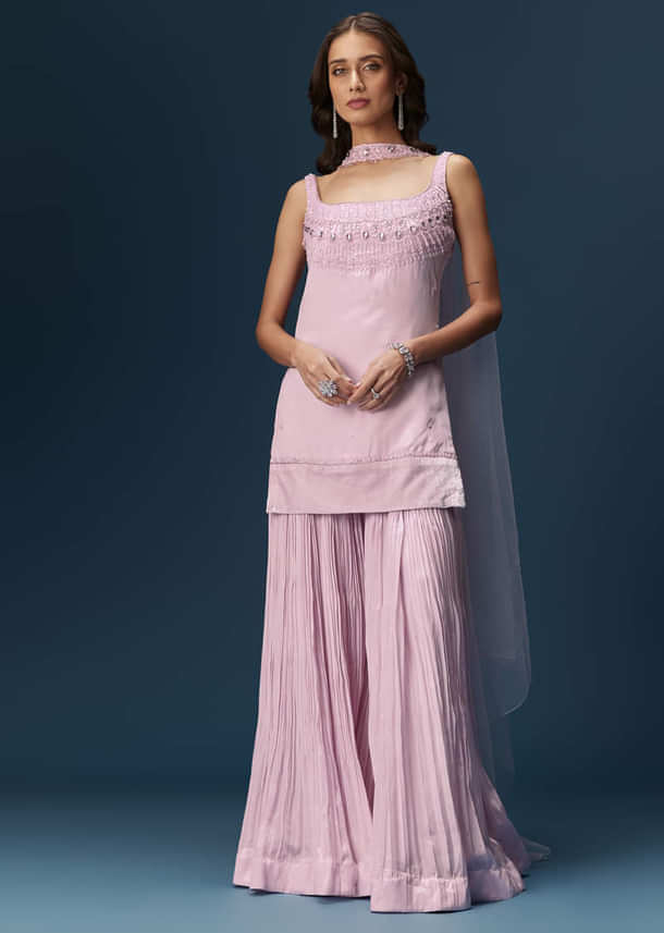 Lilac Sharara Suit With Choker And Ruched Sharara