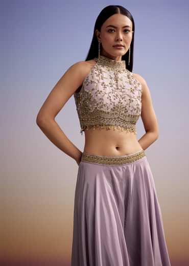 Lilac Tissue Crop Top Set With Orange Pastel Embroidery
