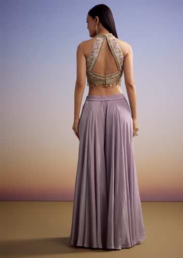 Lilac Tissue Crop Top Set With Orange Pastel Embroidery