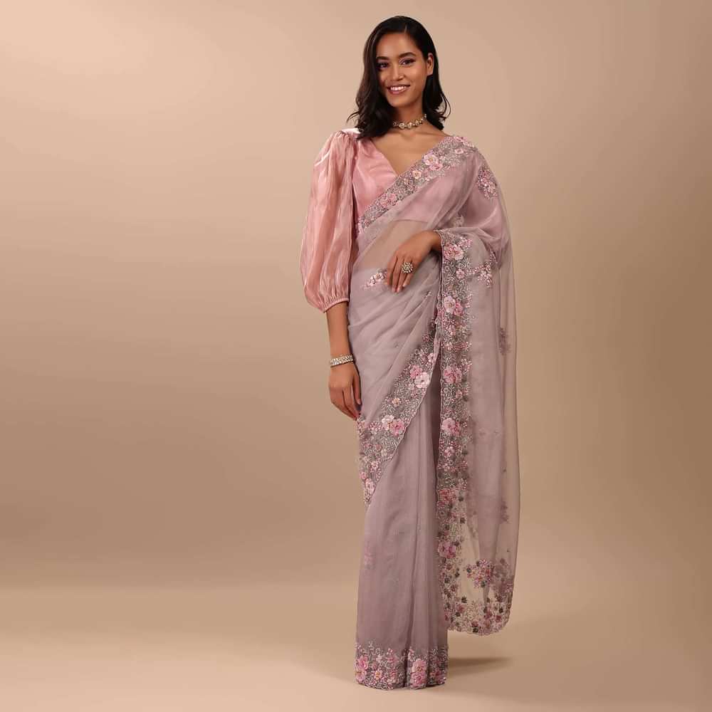 Ash Purple Saree In Organza With Floral Embroidery In Moti, Thread & Cut Dana