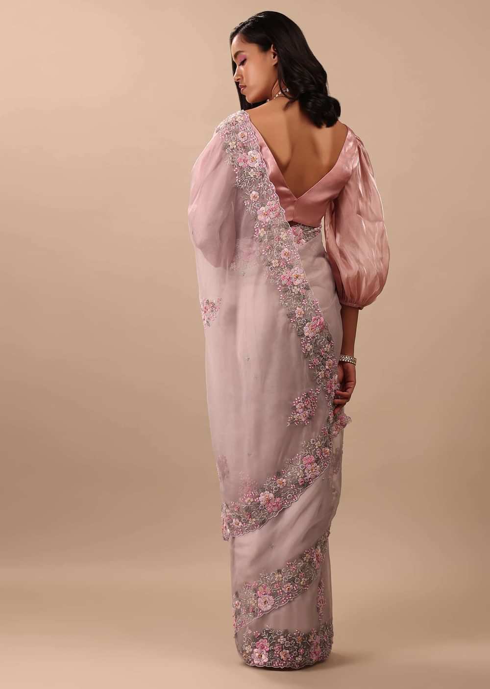 Ash Purple Saree In Organza With Floral Embroidery In Moti, Thread & Cut Dana