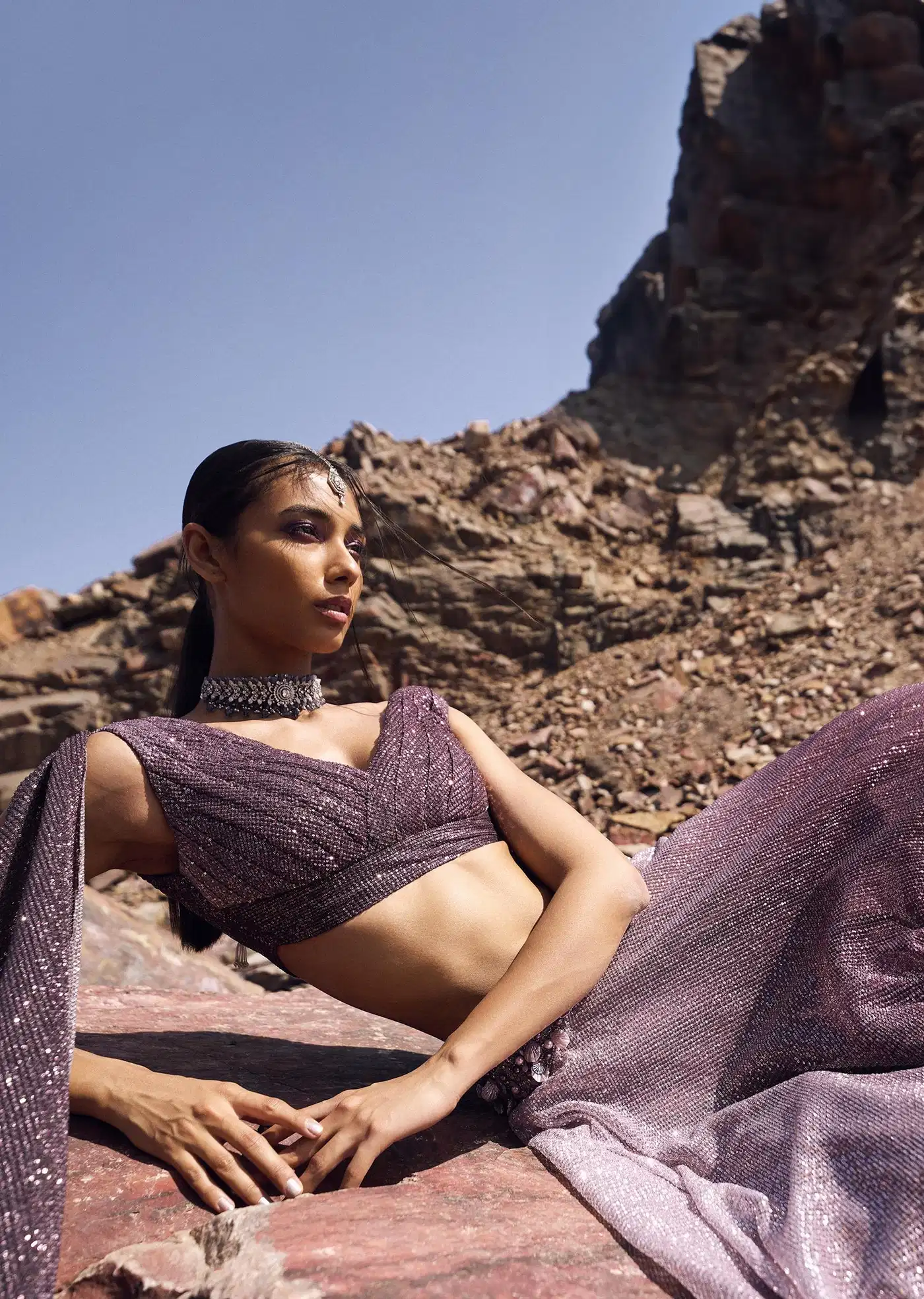 Lilac Crushed Shimmer Lehenga With Blouse And Cape