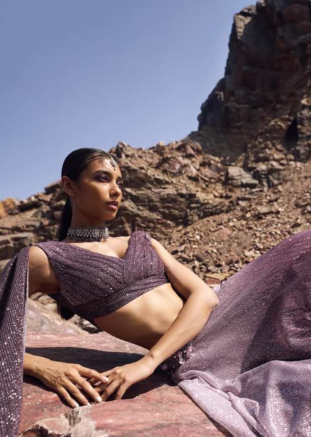 Lilac Crushed Shimmer Lehenga With Blouse And Cape
