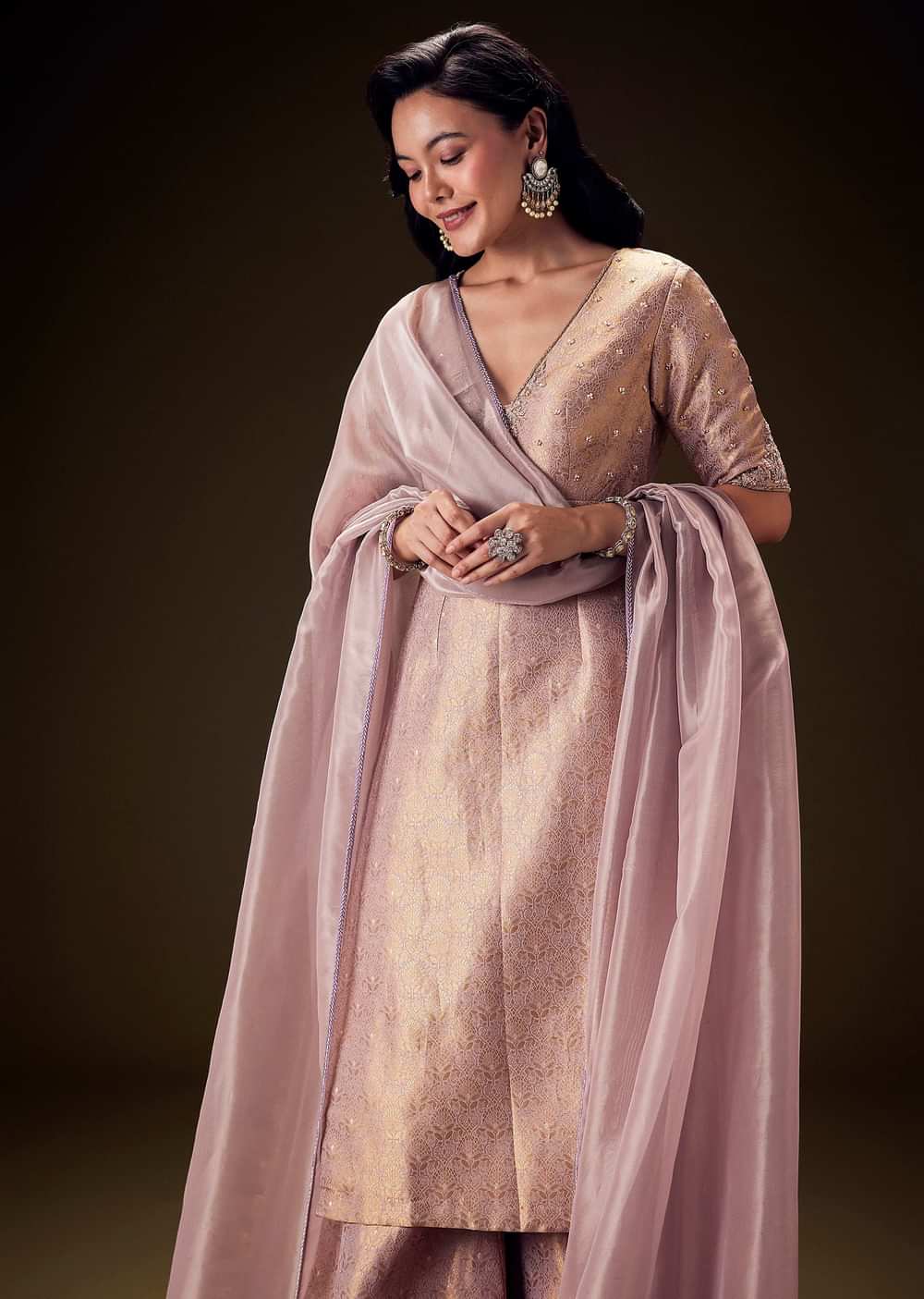 Lilac Brocade Embroidered Kurta With Palazzo And Dupatta