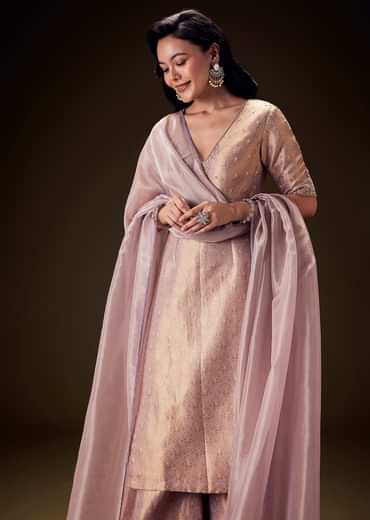 Lilac Brocade Embroidered Kurta With Palazzo And Dupatta