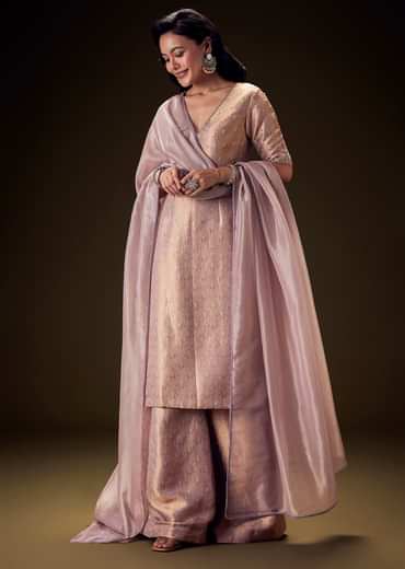 Lilac Brocade Embroidered Kurta With Palazzo And Dupatta